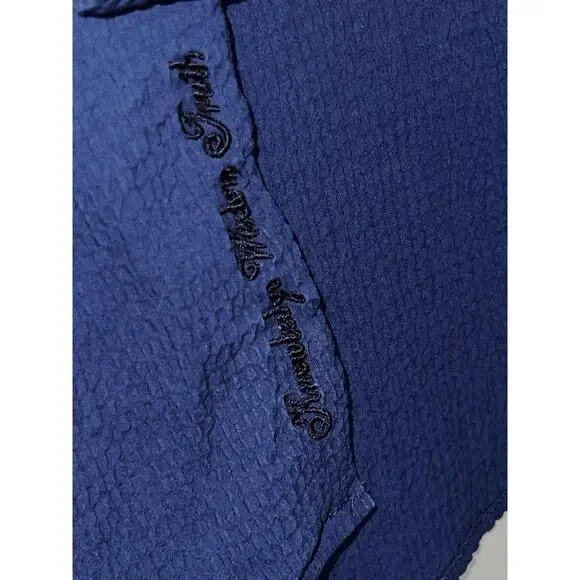 ROBERT GRAHAM NAVY BLUE CRINKLED TEXTURE S/S STRETCH SHIRT ROLL CUFF SZ S